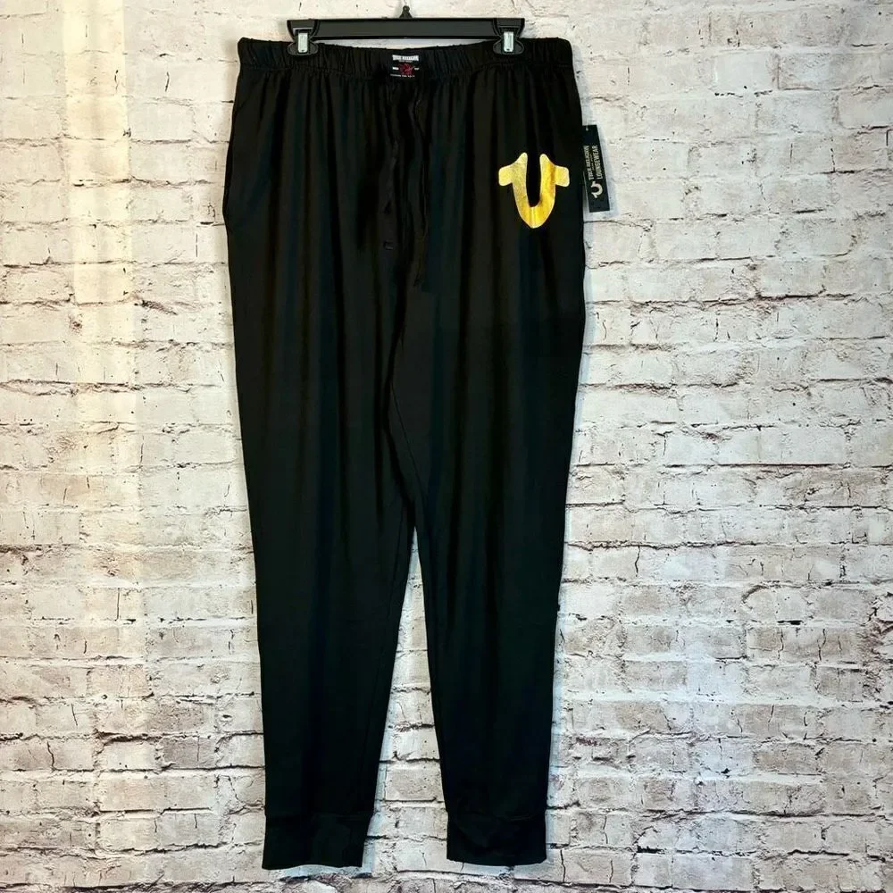 True Religion Sweatpants Joggers Black Gold Logo Drawstring New Size Large